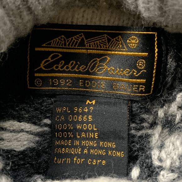 Vintage 90s Eddie Bauer Gray Black Moose Nordic Fair Isle Turtleneck Sweater - Picture 10 of 11